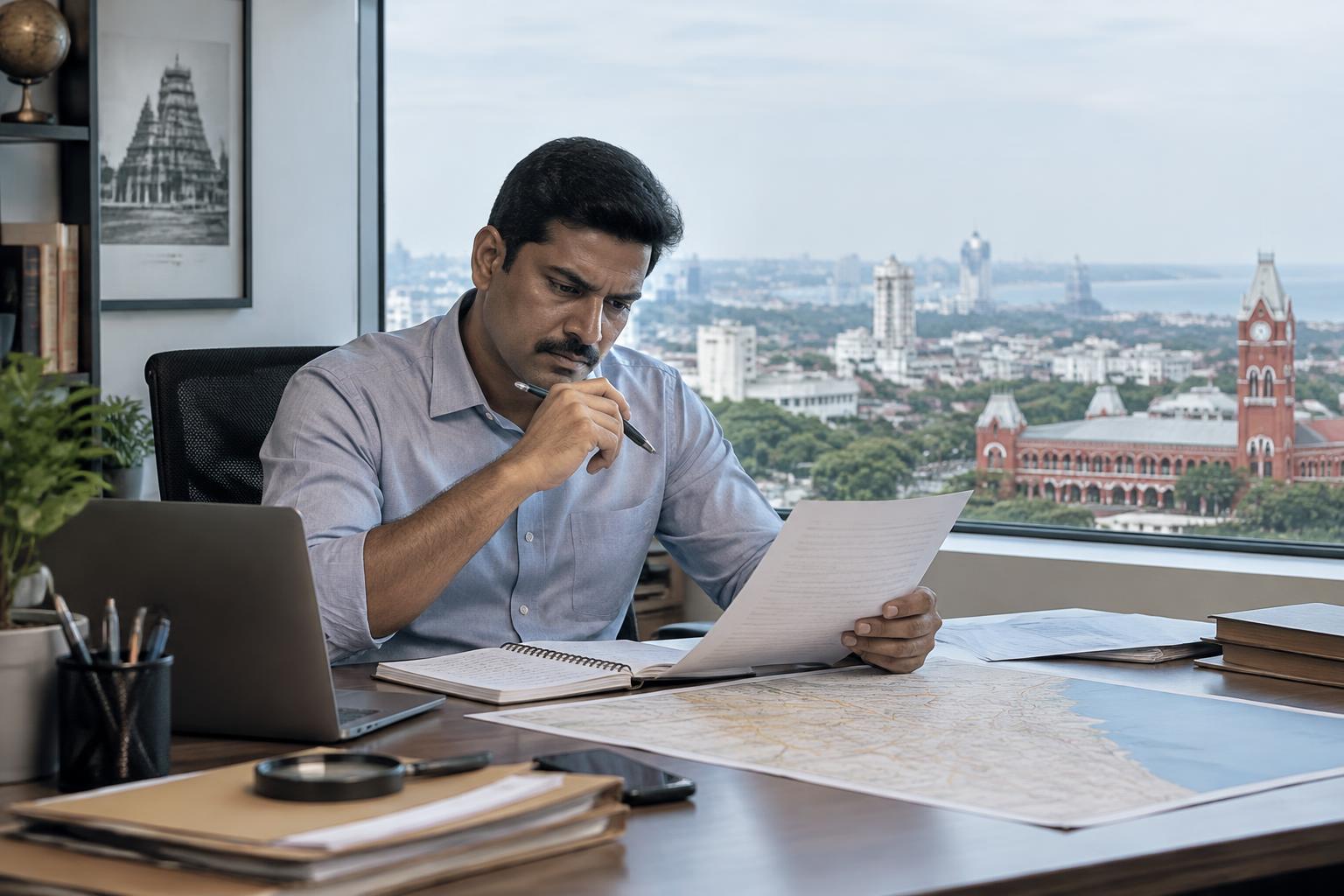 Private investigator reviewing case notes and a city map in a Chennai office