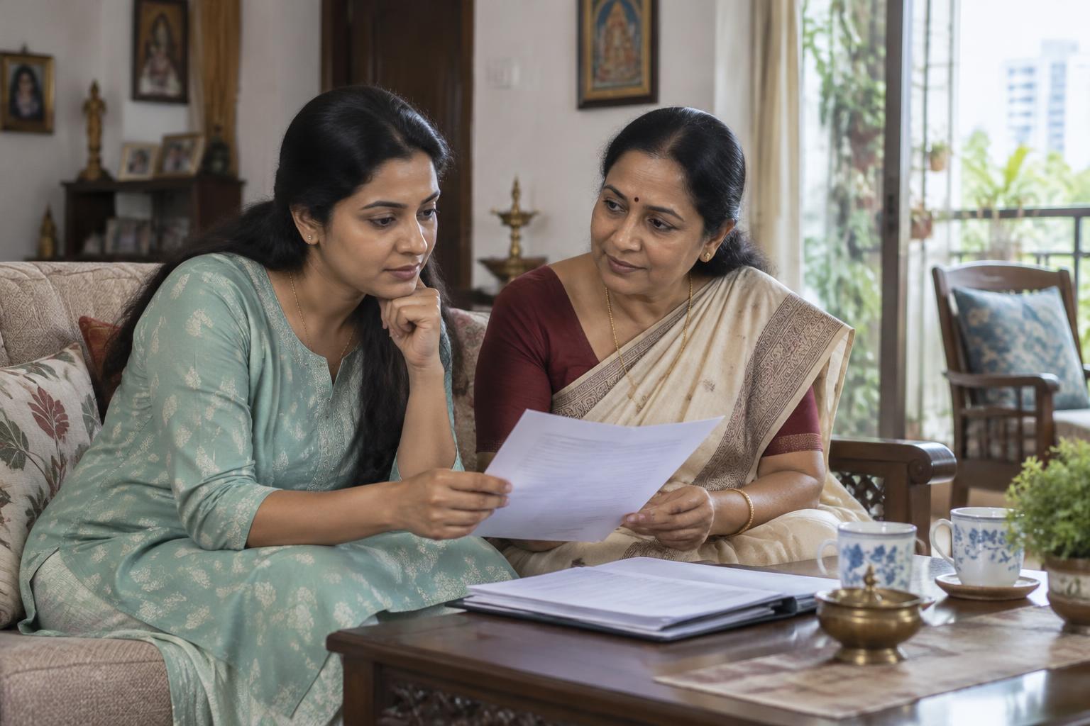 A woman and her mother privately reviewing information about a prospective marriage match